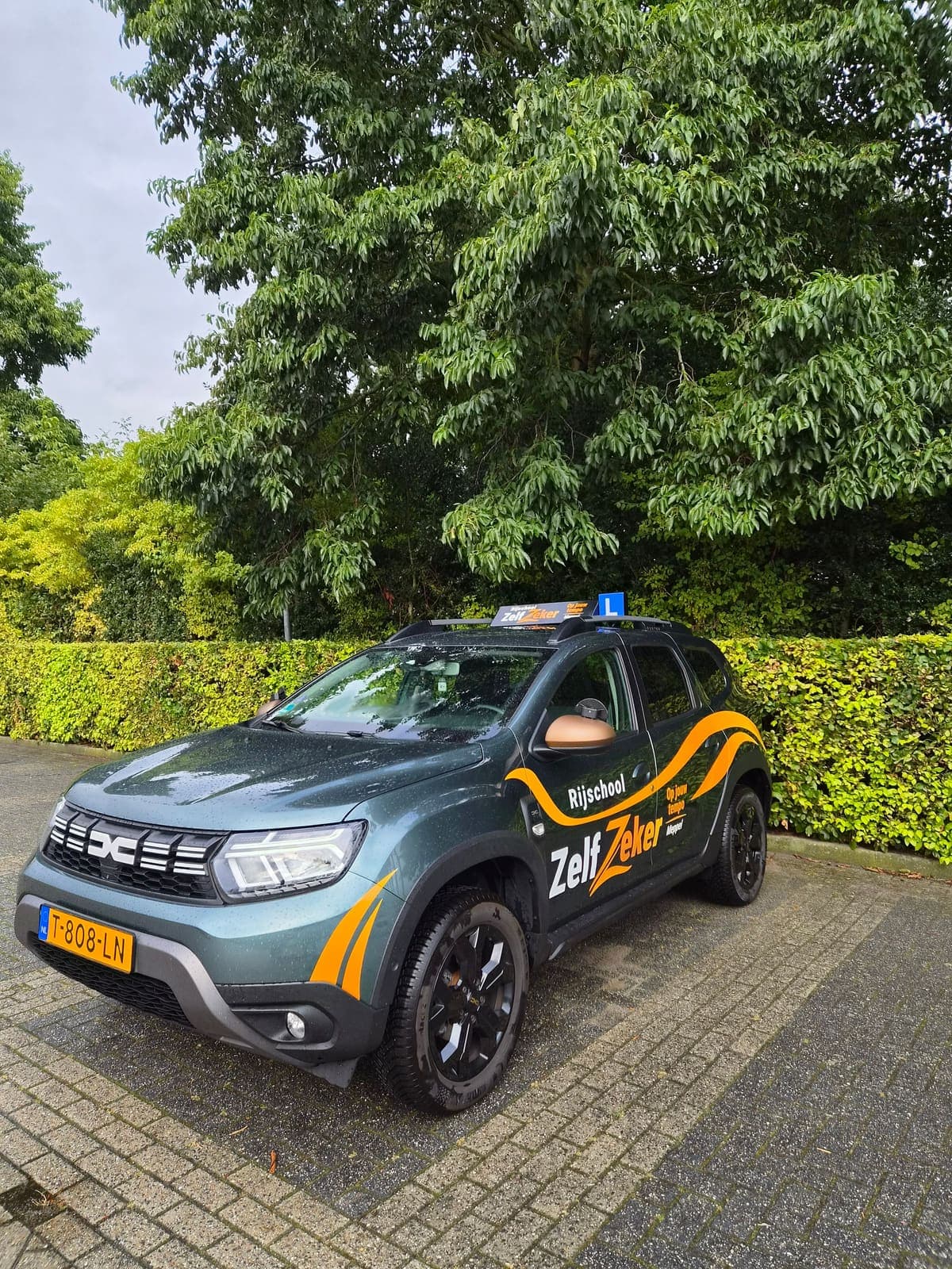 Rani in de lesauto bij de heg